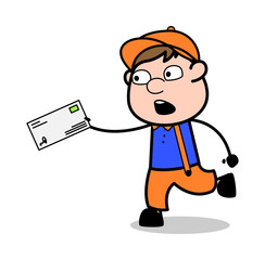 Running to Deliver a Letter - Retro Cartoon Carpenter Worker Vector Illustration