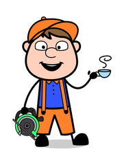 Holding a Cutting Machine and Drinking Tea - Retro Cartoon Carpenter Worker Vector Illustration