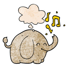 cartoon trumpeting elephant and thought bubble in grunge texture pattern style