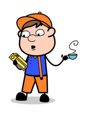 Drinking a Tea While Searching a Book - Retro Cartoon Carpenter Worker Vector Illustration