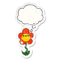 cartoon flower and thought bubble as a distressed worn sticker