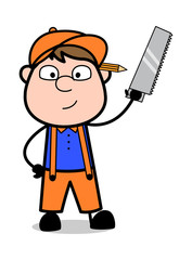 Holding a Hand-Saw - Retro Cartoon Carpenter Worker Vector Illustration