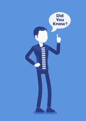Did you know male announcement, speech bubble. Young man representing explanation of interesting facts, clear statement. Promotion and advertising information. Vector illustration, faceless characters