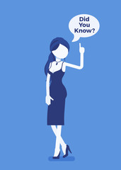 Did you know female announcement, speech bubble. Young woman representing explanation of interesting fact, clear statement. Promotion, advertising information. Vector illustration, faceless characters