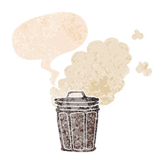 cartoon stinky garbage can and speech bubble in retro textured style