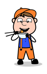 Eating Sweet with Chopsticks - Retro Cartoon Carpenter Worker Vector Illustration
