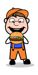 Eating Burger - Retro Cartoon Carpenter Worker Vector Illustration