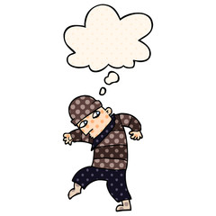 cartoon sneaking thief and thought bubble in comic book style