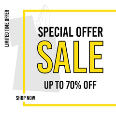 Sale banner template design. Special offer. Up to 70% off. Limited offer. Shop now. 