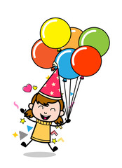 Jumping with Balloons - Retro Cartoon Girl Teen Vector Illustration