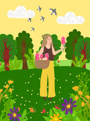 Obraz na płótnie Canvas Meadow and blooming flowers, forest and green trees and bushes. Vector woman with basket and pink gorgeous in summer or spring wood on green grass, countryside landscape