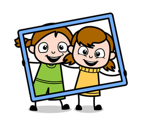 Holding a Frame for Photoshoot - Retro Cartoon Girl Teen Vector Illustration