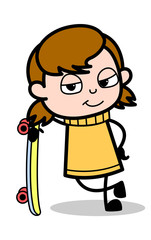 Standing with a Skateboard - Retro Cartoon Girl Teen Vector Illustration