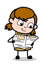 Reading News Magazine - Retro Cartoon Girl Teen Vector Illustration