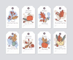 Vector linear design Harvest festival greetings elements. Fall tags set with typography and colorful icon.