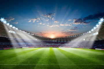 Football Stadium 3d rendering soccer stadium with crowded field arena - obrazy, fototapety, plakaty
