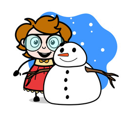 Standing with Snowman to Take a Picture - Teenager Cartoon Intelligent Girl Vector Illustration