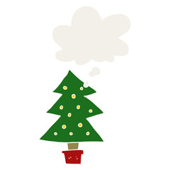 cartoon christmas tree and thought bubble in retro style