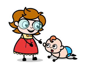 Playing with Crawling Baby - Teenager Cartoon Intelligent Girl Vector Illustration