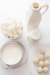 Fototapeta na wymiar coconut milk candy sugar pieces, white food on white, top view still life. white dishes and food on a white background, high key