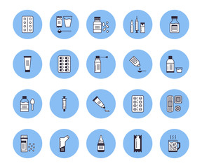 Medicines, dosage forms vector line icons. Pharmacy medicaments, tablet, capsule, pill, antibiotics, vitamins, painkillers, aerosol spray, gel Medical treatment health care thin signs for drug store