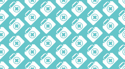 Medical vector seamless pattern with flat icon of first aid kit. White silhouette on blue color background, doctor case wallpaper for medic presentation, clinic banner