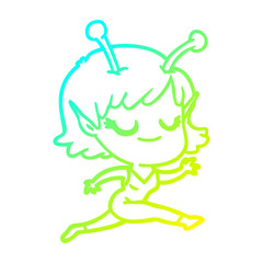 cold gradient line drawing smiling alien girl cartoon running