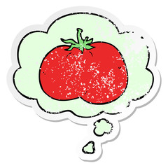 cartoon tomato and thought bubble as a distressed worn sticker