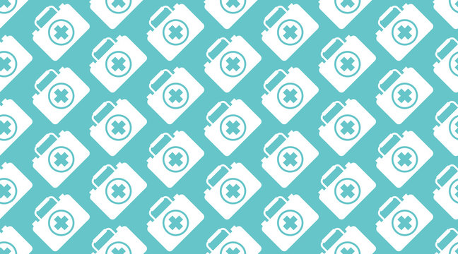 Medical vector seamless pattern with flat icon of first aid kit. White silhouette on blue color background, doctor case wallpaper for medic presentation, clinic banner