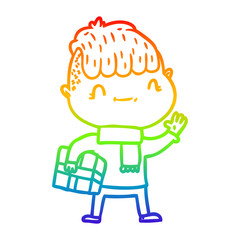 rainbow gradient line drawing cartoon friendly boy with christmas present