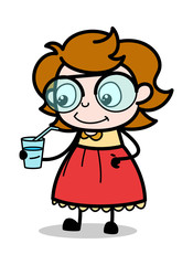 Drinking Water - Teenager Cartoon Intelligent Girl Vector Illustration