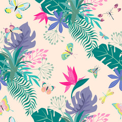 Fototapeta na wymiar Seamless pattern with insects and plants. Editable Vector illustration