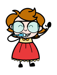 Cleaning Teeth - Teenager Cartoon Intelligent Girl Vector Illustration