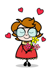 Holding Blossom - Teenager Cartoon Intelligent Girl Vector Illustration