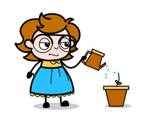 Watering to a Plant - Teenager Cartoon Intelligent Girl Vector Illustration