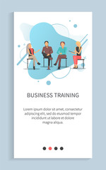 People discussion, portrait view of workers sitting on chairs and speaking, professional cooperation, slide with liquid shape and teamwork vector. Website or app slider, landing page flat style