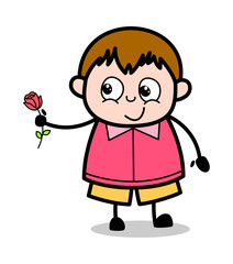 Presenting a Rose on Valentine - Teenager Cartoon Fat Boy Vector Illustration