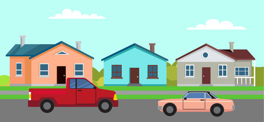 Cars driving along streets of city vector, town with buildings and private houses, greenery and meadows clear sky and fair weather transport tourism