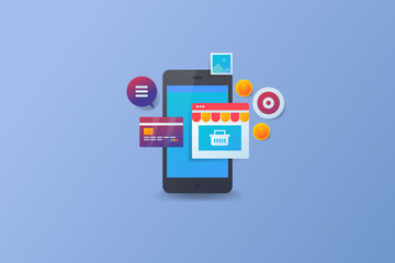 Mobile ecommerce, digital marketing, online shopping cart, credit card showing on mobile phone screen with icons, vector banner illustration.