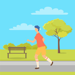 Sportive boy runner running in park with bench and tree, cartoon person side view. Vector person on walk, jogging guy jogger in sport cloth t-shirt and shorts