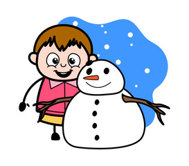 Standing with Snowman - Teenager Cartoon Fat Boy Vector Illustration