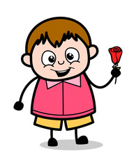 Showing a Rose Flower - Teenager Cartoon Fat Boy Vector Illustration