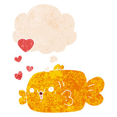 cute cartoon fish with love hearts and thought bubble in retro textured style