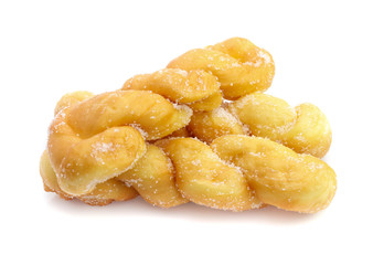twisted bread donuts with sugar isolated on white