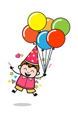 Holding Balloons and Jumping in Excitement - Teenager Cartoon Fat Boy Vector Illustration