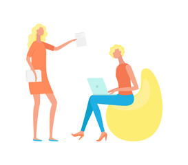 Woman sitting on design seat with laptop, standing manager with papers. Teamwork and wireless gadget, portrait and side view of people, workplace vector