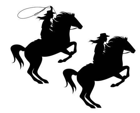 cowgirl riding a horse and throwing lasso - rearing up stallion and woman cowboy black vector silhouette design