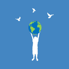 Concept vector background of freedom on the planet Earth. Living in a clean and supportive environment. Child holding a globe and soaring doves. Protection of nature and people.