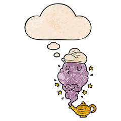 cartoon genie and thought bubble in grunge texture pattern style