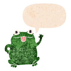 cartoon frog and speech bubble in retro textured style